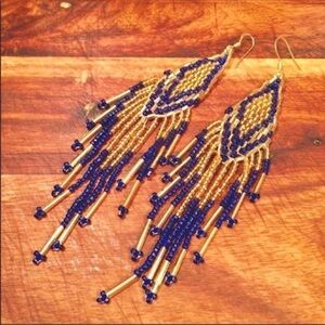 Hand Woven Beaded Boho Seed Bead Danglers in Blue & Gold